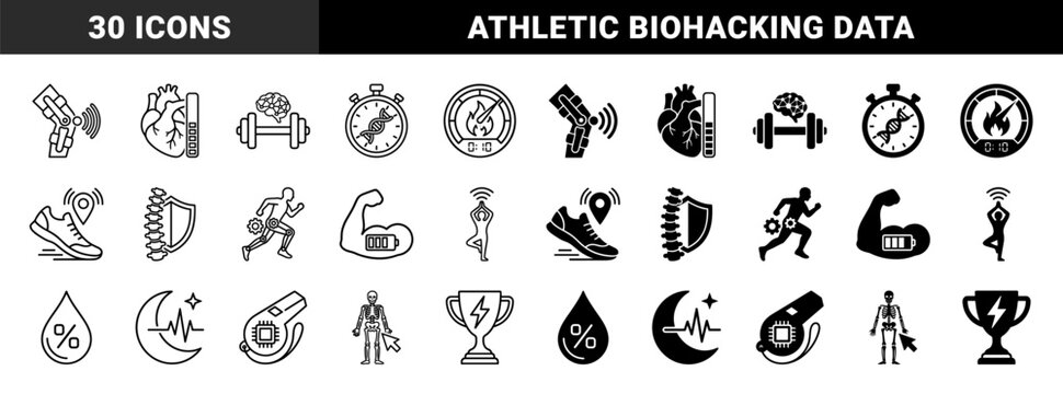 Biometric sports performance monitoring and biohacking symbols featuring anatomy merged with digital data trackers and physiological progress indicators
