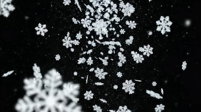 Macro shot of falling snowflakes on a dark, textured background