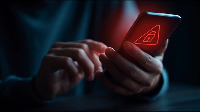 A person holds a mobile device with a warning about security issues. The alert appears on the screen in bright red letters.