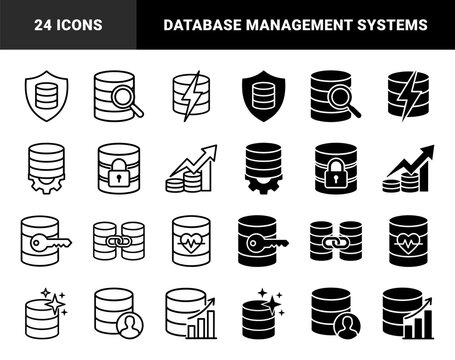 Hybrid database icons featuring cylinder storage symbols merged with security shields magnifying glasses power bolts gears locks keys and growth charts