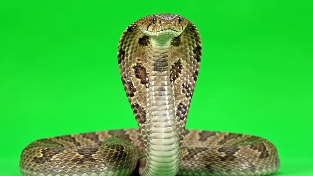 Close-up of a venomous cobra snake with its hood flared, ready to strike against a vibrant green background, capturing its intimidating presence