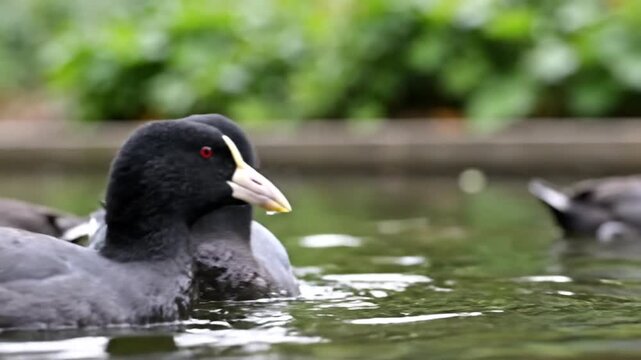 Close-up of three coots swimming in calm water