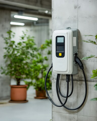 White electric car wallbox charging unit with unplugged cord in home garage