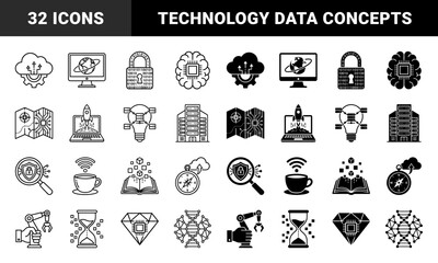 Fototapeta premium Abstract hybrid data metaphors combining cloud computing with mechanical gears and circuit board mapping in both line and solid fill styles