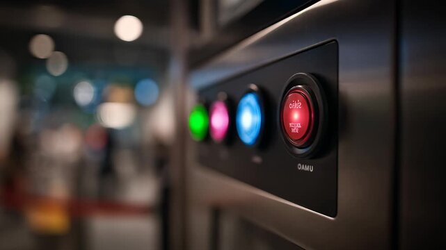 Medium shot showing a buttonbased feedback panel with glowing colored buttons capturing users providing instant reaction in a bustling service area.