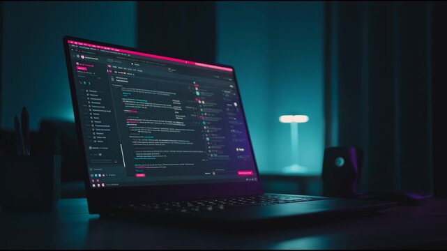Chat is open on a laptop, showing many redacted messages. The room is dark with blue light and a pink highlight, indicating the time is evening.