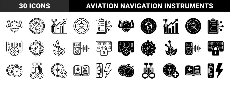 Aviation flight control and navigation hybrid symbols featuring cockpit instrument gauges throttle levers and autopilot steering yoke in outline and glyph styles