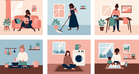 Collection of women performing daily housework chores including cleaning cooking and childcare