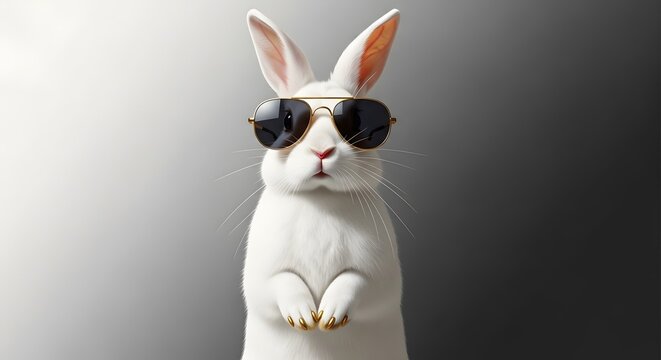 A white rabbit wearing sunglasses standing on its hind legs with a cool expression on a gradient background