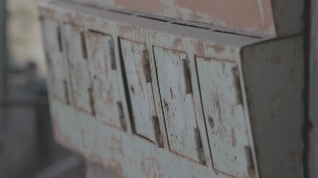 A close up view of a row of old, rusty metal mailboxes with peeling pale paint, mounted on a wall in a weathered and dilapidated outdoor urban setting.

