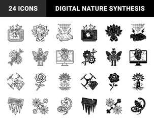 Obraz premium Surreal hybrid fusion icons featuring organic nature and mechanical elements like circuit roses dna gears and digital anatomical hearts in dual outline solid style