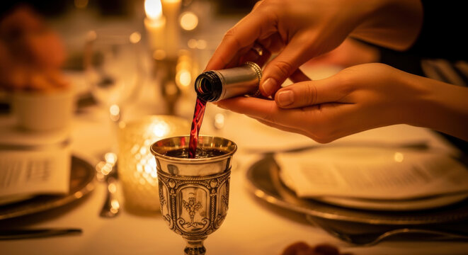 Pouring Kiddush Wine into Ornate Silver Cup During a Traditional Jewish Shabbat or Passover Seder Meal