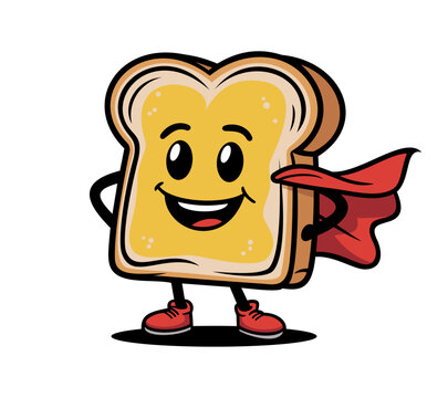 A cartoon illustration of a superhero bread character wearing a red cape