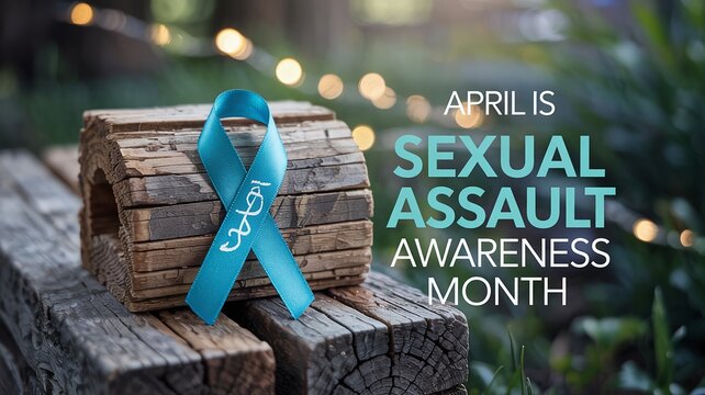 Teal Awareness Ribbon on Rustic Wooden Bench for Sexual Assault Awareness Month April Campaign with Natural Sunlight Background