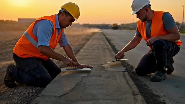 Construction workers inspecting surface outdoors under warm sunlight