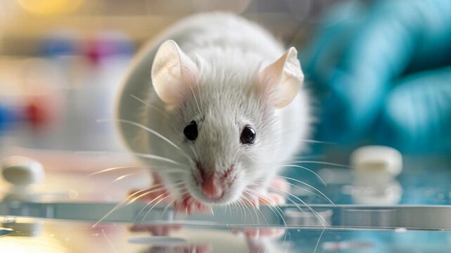 white mouse on glossy surface exploring lab bench, delicate whiskers twitching while nibbling and sniffing, soft fur backlit by warm bokeh lights, shallow depth