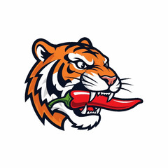 Fototapeta premium Fierce Tiger with Spicy Red Chili Pepper in Mouth Logo.