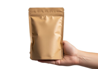 Obraz premium A hand holding a brown paper bag filled with coffee beans.