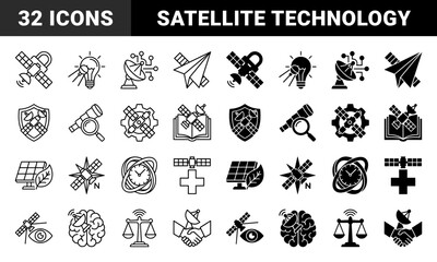Obraz premium Satellite hybrid icons merging orbital technology with diverse concepts like law medicine education and nature for global communication and data monitoring