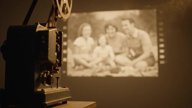 A vintage film projector casts a nostalgic sepia-toned image of a family on a wall