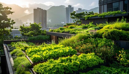 Obraz premium Lush Green Roof Garden with Cityscape Backdrop.