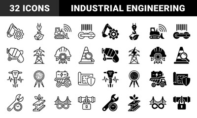 Naklejka premium Heavy machinery and construction engineering hybrid symbols featuring industrial equipment merged with environmental sustainability and digital smart technology