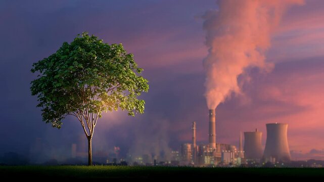 young green tree against industrial skyline, sapling rooted in dark soil with wind turbine and cooling tower blurred in background, moody cloudy sky, visual