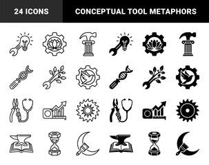 Naklejka premium Hybrid conceptual symbol set combining manual tools with abstract metaphors including lightbulb wrench dna screwdriver and nature gear elements