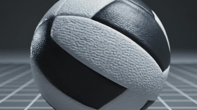 Black and white textured ball on grey grid surface