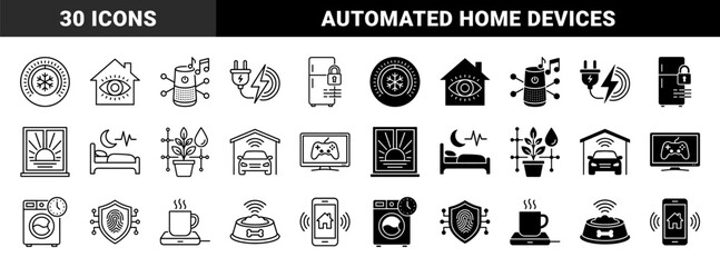 Smart home automation line and solid icons featuring hybrid IoT devices for climate control security appliance monitoring and energy management