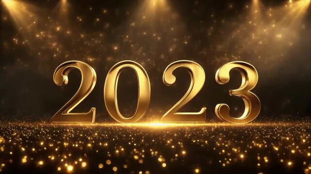 Golden 2023 New Year Celebration Background with Sparkling Lights and Glittering Particles on Dark Stage with Spotlight Beams
