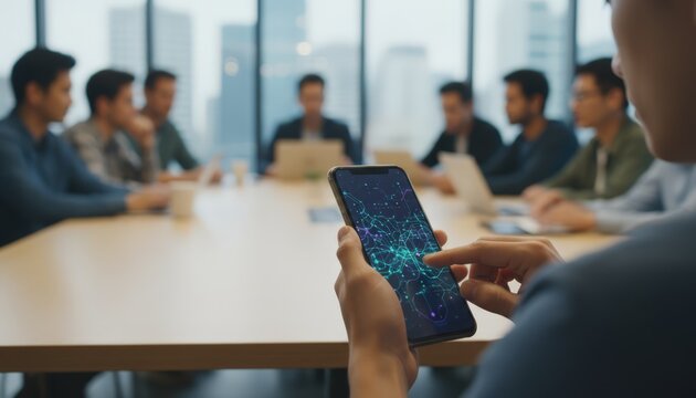 Distributed agency staff working on a smartphone with blurred colleagues in a coworking space emphasizing tailored mobile plans for dispersed teams.