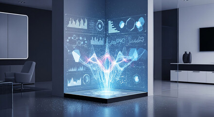 Holographic Data Display Illuminating Modern Interior with Financial Charts