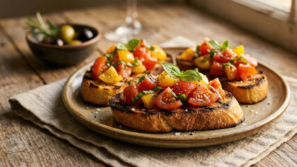 Gourmet Toasts, Sandwiches, and Burgers - Bruschetta toasts with tomatoes and basil