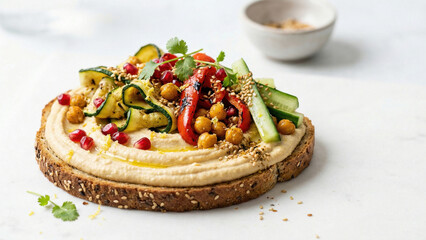 Gourmet Toasts, Sandwiches, and Burgers - Hummus toast with vegetables and olives