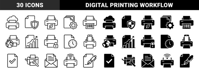 Hybrid Document and Printing Management Icons Featuring Dual Stroke and Solid Styles for Secure Data Workflow and Paperless Office Solutions
