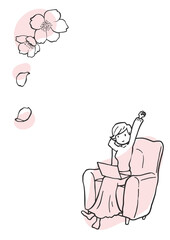 桜の花とソファで作業する女性のシンプル縦線画
