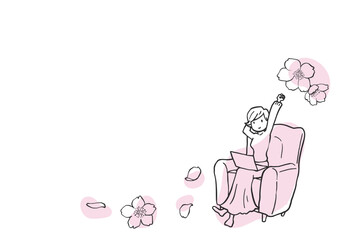 桜の花とソファで作業する女性のシンプル線画