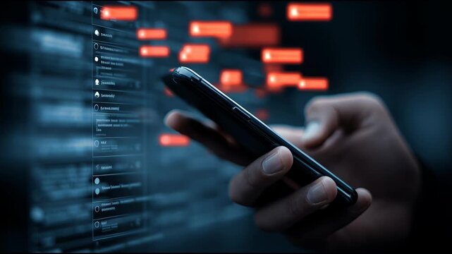 A person is holding a smartphone showing blurred social media posts while navigating digital content at night.