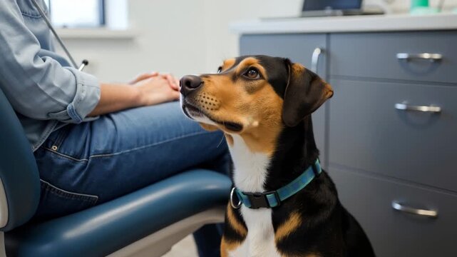 Attentive mixed breed dog sitting in a veterinary clinic exam room. Pet patient looking up at vet during medical checkup. Animal healthcare concept