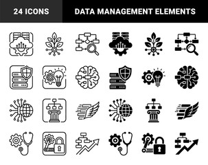 Fototapeta premium Hybrid abstract symbols merging data infrastructure with organic growth and strategic management elements in dual outline and solid silhouette styles