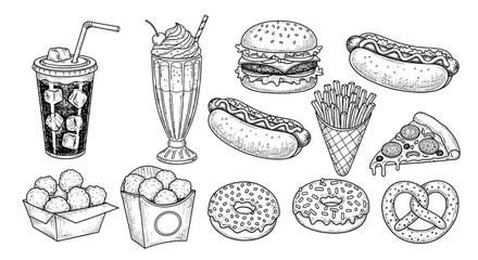 Vintage sketch vector illustration of a restaurant menu collection featuring a hand drawn ice cream set with bakery icons like cake, bread, and burger © Rizky