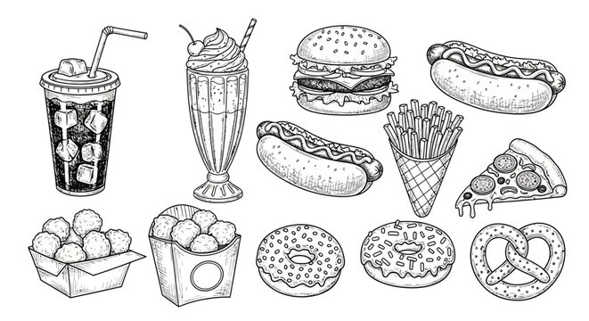 Vintage sketch vector illustration of a restaurant menu collection featuring a hand drawn ice cream set with bakery icons like cake, bread, and burger