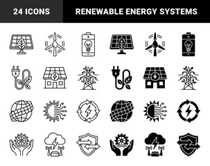 Fototapeta premium Sustainable energy hybrid symbols merging renewable resources with electrical infrastructure and organic growth elements in outline and solid styles