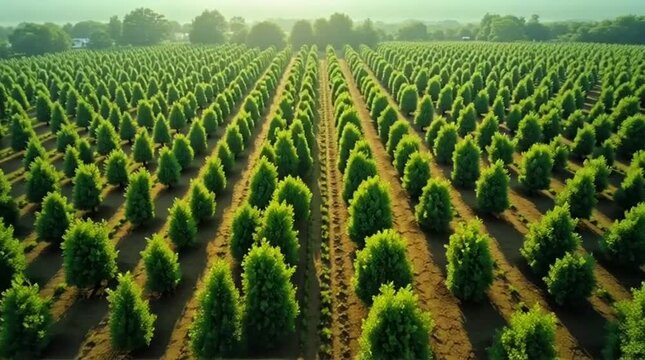 Aerial view of a vast evergreen tree farm with perfectly aligned rows of young saplings