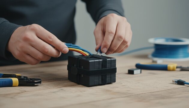 Medium shot of hands working on managed routers bundled to replace traditional MPLS with surrounding tools softly blurred focusing on modern WAN solutions.
