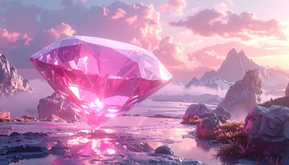 Obraz premium Giant pink diamond floats above water, reflecting in pastel clouds, mountains visible
