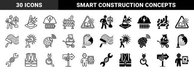 Obraz premium Construction and Industrial Hybrid Concept Symbols Featuring Worker with Wind Turbine Brain Wheelbarrow Puzzle and DNA Wrench in Dual Style