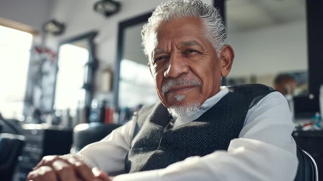 Portrait of a wise senior man. Kind eyes and silver hair, he embodies experience. Captured in a barber shop setting. Inspiring, authentic, and full of dignity. A moment of quiet contemplation.