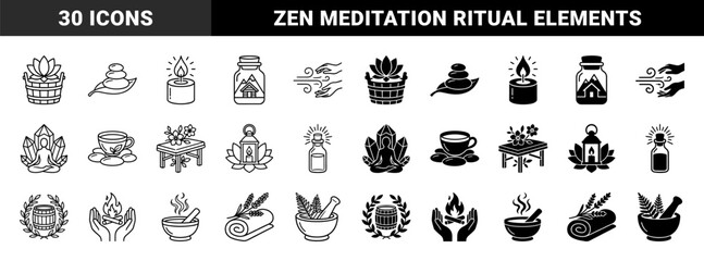 Obraz premium Wellness and holistic therapy hybrid icons featuring dual line and solid styles with spiritual meditation symbols and organic spa treatment elements
